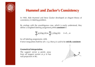 Hummel and Zucker’s Consistency
In 1983, Bob Hummel and Steve Zucker developed an elegant theory of
consistency in labeling problem.

By analogy with the unambiguous case, which is easily understood, they
deﬁne a weighted labeling assignment p IK consistent if:


                    ∑ p (λ)q (λ) ≥ ∑ v (λ)q (λ)
                         i      i           i     i        i = 1…n
                     λ                  λ

for all labeling assignments v IK.
                              €
If strict inequalities hold for all v ≠ p, then p is said to be strictly consistent.
        €

Geometrical interpretation.
The support vector q points away
from all tangent vectors at p (it has
null projection in IK).
 