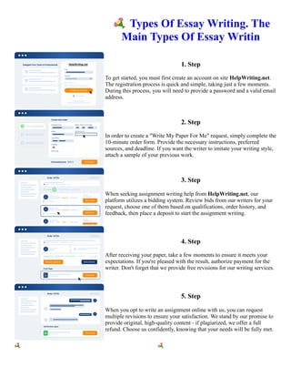 💐Types Of Essay Writing. The
Main Types Of Essay Writin
1. Step
To get started, you must first create an account on site HelpWriting.net.
The registration process is quick and simple, taking just a few moments.
During this process, you will need to provide a password and a valid email
address.
2. Step
In order to create a "Write My Paper For Me" request, simply complete the
10-minute order form. Provide the necessary instructions, preferred
sources, and deadline. If you want the writer to imitate your writing style,
attach a sample of your previous work.
3. Step
When seeking assignment writing help from HelpWriting.net, our
platform utilizes a bidding system. Review bids from our writers for your
request, choose one of them based on qualifications, order history, and
feedback, then place a deposit to start the assignment writing.
4. Step
After receiving your paper, take a few moments to ensure it meets your
expectations. If you're pleased with the result, authorize payment for the
writer. Don't forget that we provide free revisions for our writing services.
5. Step
When you opt to write an assignment online with us, you can request
multiple revisions to ensure your satisfaction. We stand by our promise to
provide original, high-quality content - if plagiarized, we offer a full
refund. Choose us confidently, knowing that your needs will be fully met.
💐Types Of Essay Writing. The Main Types Of Essay Writin 💐Types Of Essay Writing. The Main Types Of
Essay Writin
 