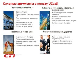 Сильные аргументы в пользу UCaaS
Финансовые факторы
• Opex vs. Capex
• Консолидация и централизация
ИТ
• Риск устаревания технологии
ниже
• Уменьшение затрат на
эксплуатацию и налоги
• Оплата по мере роста
Гибкость и готовность к быстрым
изменениям
• Масштабируемость вслед за
бизнесом
• Быстрое развертывание и
доступность
• Полная готовность в день старта
• Непрерывность бизнеса
Глобальные тенденции
• Мир стал жить быстрее
• Глобализация процессов
• Типовые пакеты сервисов и
функций
• Оптимизация бизнес процессов
Стратегическое преимущество
• Фокус на главном вместо
второстепенного
• Ускорение бизнес-стратегии
• Проверенные возможности
 