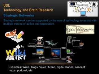 Strategic Networks
Strategic network can be supported by the use of technology to assist with
multiple means of action and expression.
Examples: Wikis, blogs, VoiceThread, digital stories, concept
maps, podcast, etc.
UDL
Technology and Brain Research
 