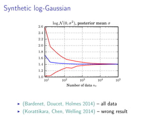 Synthetic log-Gaussian
101 102 103 104 105
Number of data nt
1.0
1.2
1.4
1.6
1.8
2.0
2.2
2.4
2.6
log N(0, σ2
), posterior mean σ
(Bardenet, Doucet, Holmes 2014)  all data
(Korattikara, Chen, Welling 2014)  wrong result
 