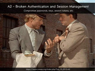 A2 - Broken Authentication and Session Management
Compromise passwords, keys, session tokens, etc.
https://www.owasp.org/index.php/Top_10_2013-A2
 