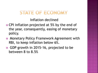 Inflation declined
 CPI inflation projected at 5% by the end of
the year, consequently, easing of monetary
policy.
 Monetary Policy Framework Agreement with
RBI, to keep inflation below 6%.
 GDP growth in 2015-16, projected to be
between 8 to 8.5%
 