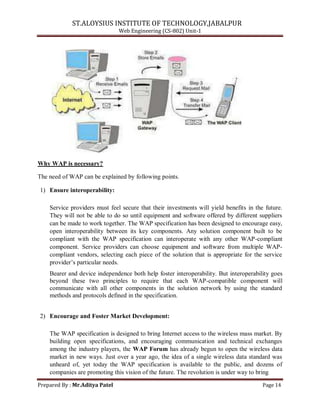 ST.ALOYSIUS INSTITUTE OF TECHNOLOGY,JABALPUR
Web Engineering (CS-802) Unit-1
Why WAP is necessary?
The need of WAP can be explained by following points.
1) Ensure interoperability:
Service providers must feel secure that their investments will yield benefits in the future.
They will not be able to do so until equipment and software offered by different suppliers
can be made to work together. The WAP specification has been designed to encourage easy,
open interoperability between its key components. Any solution component built to be
compliant with the WAP specification can interoperate with any other WAP-compliant
component. Service providers can choose equipment and software from multiple WAP-
compliant vendors, selecting each piece of the solution that is appropriate for the service
provider‘s particular needs.
Bearer and device independence both help foster interoperability. But interoperability goes
beyond these two principles to require that each WAP-compatible component will
communicate with all other components in the solution network by using the standard
methods and protocols defined in the specification.
2) Encourage and Foster Market Development:
The WAP specification is designed to bring Internet access to the wireless mass market. By
building open specifications, and encouraging communication and technical exchanges
among the industry players, the WAP Forum has already begun to open the wireless data
market in new ways. Just over a year ago, the idea of a single wireless data standard was
unheard of, yet today the WAP specification is available to the public, and dozens of
companies are promoting this vision of the future. The revolution is under way to bring
Prepared By : Mr.Aditya Patel Page 14
 