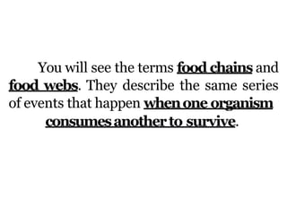 You will see the terms food chains and
food webs. They describe the same series
of events that happen whenone organism
consumesanotherto survive.
 