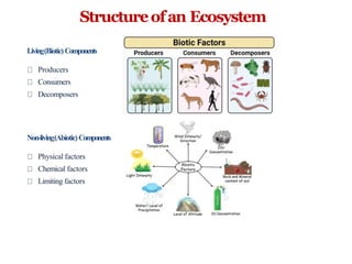 Structureofan Ecosystem
Living(Biotic) Components
Producers
Consumers
Decomposers
Non-living(Abiotic)Components
Physical factors
Chemical factors
Limiting factors
 