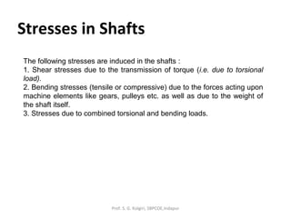 Stresses in Shafts
The following stresses are induced in the shafts :
1. Shear stresses due to the transmission of torque (i.e. due to torsional
load).
2. Bending stresses (tensile or compressive) due to the forces acting upon
machine elements like gears, pulleys etc. as well as due to the weight of
the shaft itself.
3. Stresses due to combined torsional and bending loads.
Prof. S. G. Kolgiri, SBPCOE,Indapur
 