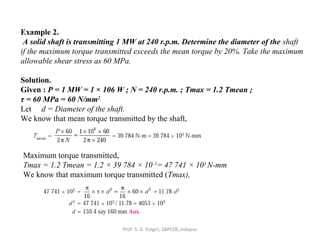 Example 2.
A solid shaft is transmitting 1 MW at 240 r.p.m. Determine the diameter of the shaft
if the maximum torque transmitted exceeds the mean torque by 20%. Take the maximum
allowable shear stress as 60 MPa.
Solution.
Given : P = 1 MW = 1 × 106 W ; N = 240 r.p.m. ; Tmax = 1.2 Tmean ;
τ = 60 MPa = 60 N/mm2
Let d = Diameter of the shaft.
We know that mean torque transmitted by the shaft,
Maximum torque transmitted,
Tmax = 1.2 Tmean = 1.2 × 39 784 × 10 3
= 47 741 × 103
N-mm
We know that maximum torque transmitted (Tmax),
Prof. S. G. Kolgiri, SBPCOE,Indapur
 