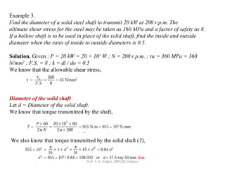 Example 3.
Find the diameter of a solid steel shaft to transmit 20 kW at 200 r.p.m. The
ultimate shear stress for the steel may be taken as 360 MPa and a factor of safety as 8.
If a hollow shaft is to be used in place of the solid shaft, find the inside and outside
diameter when the ratio of inside to outside diameters is 0.5.
Solution. Given : P = 20 kW = 20 × 103
W ; N = 200 r.p.m. ; τu = 360 MPa = 360
N/mm2
; F.S. = 8 ; k = di / do = 0.5
We know that the allowable shear stress,
Diameter of the solid shaft
Let d = Diameter of the solid shaft.
We know that torque transmitted by the shaft,
We also know that torque transmitted by the solid shaft (T),
Prof. S. G. Kolgiri, SBPCOE,Indapur
 