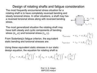 Design of rotating shafts and fatigue consideration
The most generalized situation the rotating shaft may
have both steady and cyclic components of bending
stress (σav,σr) and torsional stress (τav,τr).
The most frequently encountered stress situation for a
rotating shaft is to have completely reversed bending and
steady torsional stress. In other situations, a shaft may have
a reversed torsional stress along with reversed bending
stress.
From Soderberg’s fatigue criterion, the equivalent
static bending and torsional stresses are:
Using these equivalent static stresses in our static
design equation, the equation for rotating shaft is:
Prof. S. G. Kolgiri,
SBPCOE,Indapur
 