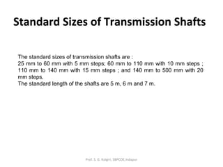 Standard Sizes of Transmission Shafts
The standard sizes of transmission shafts are :
25 mm to 60 mm with 5 mm steps; 60 mm to 110 mm with 10 mm steps ;
110 mm to 140 mm with 15 mm steps ; and 140 mm to 500 mm with 20
mm steps.
The standard length of the shafts are 5 m, 6 m and 7 m.
Prof. S. G. Kolgiri, SBPCOE,Indapur
 