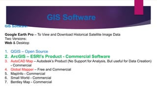 GIS Software
GIS Software:
Google Earth Pro – To View and Download Historical Satellite Image Data
Two Versions:
Web & Desktop
1. QGIS – Open Source
2. ArcGIS – ESRI’s Product - Commercial Software
3. AutoCAD Map – Autodesk’s Product (No Support for Analysis, But useful for Data Creation)
- Commercial
4. Global Mapper – Free and Commercial
5. MapInfo - Commercial
6. Small World - Commercial
7. Bentley Map - Commercial
 