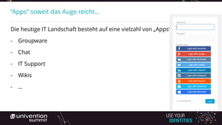 “Apps” soweit das Auge reicht…
Die heutige IT Landschaft besteht auf eine vielzahl von „Apps“:
- Groupware
- Chat
- IT Support
- Wikis
- ...
 