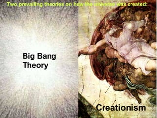 Two prevailing theories on how the universe was created: Big Bang Theory Creationism 