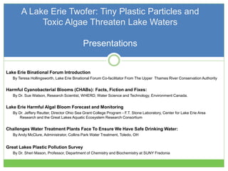 Lake Erie Binational Forum Introduction
By Teresa Hollingsworth, Lake Erie Binational Forum Co-facilitator From The Upper Thames River Conservation Authority
Harmful Cyanobacterial Blooms (CHABs): Facts, Fiction and Fixes:
By Dr. Sue Watson, Research Scientist, WHERD, Water Science and Technology, Environment Canada.
Lake Erie Harmful Algal Bloom Forecast and Monitoring
By Dr. Jeffery Reutter, Director Ohio Sea Grant College Program - F.T. Stone Laboratory, Center for Lake Erie Area
Research and the Great Lakes Aquatic Ecosystem Research Consortium
Challenges Water Treatment Plants Face To Ensure We Have Safe Drinking Water:
By Andy McClure, Administrator, Collins Park Water Treatment, Toledo, OH
Great Lakes Plastic Pollution Survey
By Dr. Sheri Mason, Professor, Department of Chemistry and Biochemistry at SUNY Fredonia
A Lake Erie Twofer: Tiny Plastic Particles and
Toxic Algae Threaten Lake Waters
Presentations
 