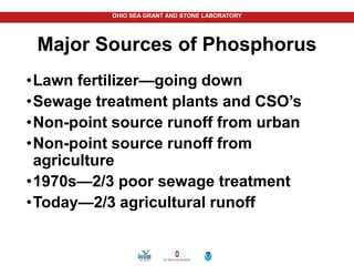 OHIO SEA GRANT AND STONE LABORATORY
Major Sources of Phosphorus
•Lawn fertilizer—going down
•Sewage treatment plants and CSO’s
•Non-point source runoff from urban
•Non-point source runoff from
agriculture
•1970s—2/3 poor sewage treatment
•Today—2/3 agricultural runoff
 