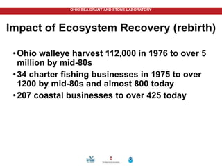 OHIO SEA GRANT AND STONE LABORATORY
Impact of Ecosystem Recovery (rebirth)
•Ohio walleye harvest 112,000 in 1976 to over 5
million by mid-80s
•34 charter fishing businesses in 1975 to over
1200 by mid-80s and almost 800 today
•207 coastal businesses to over 425 today
 