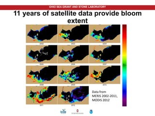 OHIO SEA GRANT AND STONE LABORATORY
11 years of satellite data provide bloom
extent
Data from
MERIS 2002-2011,
MODIS 2012
high
medium
low
 