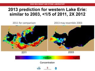 OHIO SEA GRANT AND STONE LABORATORY
2013 prediction for western Lake Erie:
similar to 2003, <1/5 of 2011, 2X 2012
low medium high
Concentration
2013 may resemble 20032011 for comparison
 