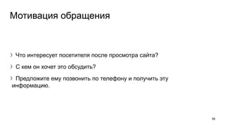 Мотивация обращения
〉Что интересует посетителя после просмотра сайта?
〉С кем он хочет это обсудить?
〉Предложите ему позвонить по телефону и получить эту
информацию.
56
 