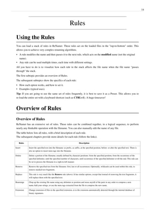 14
Rules
Using the Rules
You can load a stack of rules in ReNamer. These rules act on the loaded files in the "top-to-bottom" order. This
allows you to achieve very complex renaming algorithms.
• A rule modifies the name and then passes it to the next rule, which acts on the modified name (not the original
name).
•
• Any rule can be used multiple times, each time with different settings.
All you have to do is to visualize how each rule in the stack affects the file name when the file name "passes
through" the stack.
The first subtopic provides an overview of Rules.
The subsequent subtopics show the specifics of each rule:
•
• How each option works, and how to set it.
•
• Examples (typical uses).
Tip: If you are going to use the same set of rules frequently, it is best to save it as a Preset. This allows you to
re-load the entire set with a keyboard shortcut (such as CTRL+1). A huge timesaver!
Overview of Rules
Overview of Rules
ReNamer has an extensive set of rules. These rules can be combined together, in a logical sequence, to perform
nearly any thinkable operation with the filename. You can also manually edit the name of any file.
The table below lists all rules, with a brief description of each rule.
The subsequent chapters provide more details for each rule (follow the links).
Rules Description
Insert Insert the specified text into the filename: as prefix, as suffix, at the specified position, before- or after the specified text. There is
also an option to insert meta tags into the filename.
Delete Delete a portion of the filename, usually defined by character positions: from the specified position, from the occurrence of the
specified delimiter, until the specified number of characters, until occurrence of the specified delimiter or till the end. This rule can
be set to process the filename in a right-to-left manner.
Remove Remove the specified text from the filename: first, last or all occurrences. Optionally, wildcards can be used within this rule, to
remove masked text fragments.
Replace This rule is very much like the Remove rule (above). It has similar options, except that instead of removing the text fragments, it
will replace them with the specified text.
Rearrange Chop up the existing file name using any delimiter or position and reuse any/all of the parts in any order to compose a new
name.Add your strings, or use the meta tags extracted from the file to compose the new name.
Extension Change extension of files to the specified extension, or to the extension automatically detected through the internal database of
binary signatures.
 