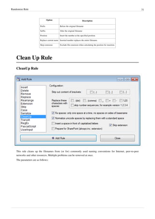 Randomize Rule 31
Option Description
Prefix Before the original filename
Suffix After the original filename
Position Insert the number at the specified position.
Replace current name Inserted number replaces the entire filename.
Skip extension Exclude file extension when calculating the position for insertion.
Clean Up Rule
CleanUp Rule
This rule cleans up the filenames from (or for) commonly used naming conventions for Internet, peer-to-peer
networks and other resources. Multiple problems can be removed at once.
The parameters are as follows:
 