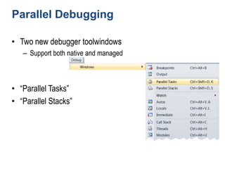 Parallel DebuggingTwo new debugger toolwindowsSupport both native and managed“Parallel Tasks”“Parallel Stacks”