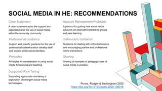 SOCIAL MEDIA IN HE: RECOMMENDATIONS
Clear Statement
A clear statement about the support and
expectations for the use of social media
within the university community
Professional Guidance
Support and specific guidance for the use of
professional networks which develop staff
and student professional identities.
Principles
Principles for consideration in using social
media for learning and teaching.
Account Management Protocols
A protocol for guiding how social media
accounts are best administered for groups
and peer learning.
Behaviours Guidance
Guidance for dealing with online behaviours
and encouraging positive and professional
online interactions.
Purvis, Rodger & Beckingham 2020
https://doi.org/10.1016/j.ijedro.2020.100018 4
Sharing
Sharing of examples of pedagogic uses of
social media in practice.
Supported Risk-Taking
Supporting appropriate risk-taking in
exploration of emergent social media
technologies.
 