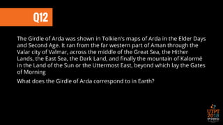 Q12
The Girdle of Arda was shown in Tolkien's maps of Arda in the Elder Days
and Second Age. It ran from the far western part of Aman through the
Valar city of Valmar, across the middle of the Great Sea, the Hither
Lands, the East Sea, the Dark Land, and finally the mountain of Kalormë
in the Land of the Sun or the Uttermost East, beyond which lay the Gates
of Morning
What does the Girdle of Arda correspond to in Earth?
 