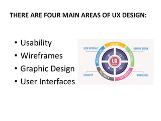 THERE ARE FOUR MAIN AREAS OF UX DESIGN:
• Usability
• Wireframes
• Graphic Design
• User Interfaces
 