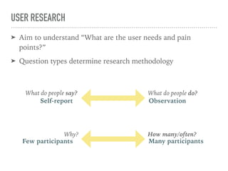 USER RESEARCH
➤ Aim to understand “What are the user needs and pain
points?”
➤ Question types determine research methodology
What do people say? What do people do?
Why? How many/often?
Self-report Observation
Few participants Many participants
 