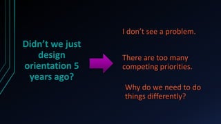 I don’t see a problem.
Didn’t we just
   design        There are too many
orientation 5    competing priorities.
 years ago?
                 Why do we need to do
                 things differently?
 