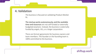 The business is focused on validating Product-Market
fit.
The startup works autonomously, and the available
time and resources are not self-funded or externally
budgeted anymore. Instead, the business is externally
funded by angels, VCs, or a larger corporation.
There are formal agreements for business owners and
team members. The founder or the founding team is
100% committed to the business.
4. Validation
 