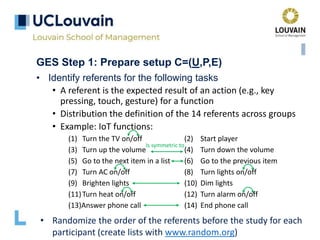 GES Step 1: Prepare setup C=(U,P,E)
• Identify referents for the following tasks
• A referent is the expected result of an action (e.g., key
pressing, touch, gesture) for a function
• Distribution the definition of the 14 referents across groups
• Example: IoT functions:
(1) Turn the TV on/off (2) Start player
(3) Turn up the volume (4) Turn down the volume
(5) Go to the next item in a list (6) Go to the previous item
(7) Turn AC on/off (8) Turn lights on/off
(9) Brighten lights (10) Dim lights
(11)Turn heat on/off (12) Turn alarm on/off
(13)Answer phone call (14) End phone call
• Randomize the order of the referents before the study for each
participant (create lists with www.random.org)
Is symmetric to
 