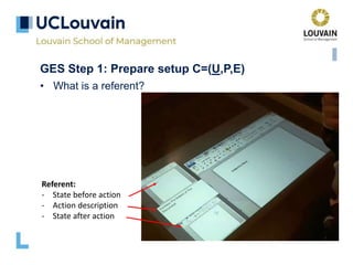 GES Step 1: Prepare setup C=(U,P,E)
• What is a referent?
Referent:
- State before action
- Action description
- State after action
 