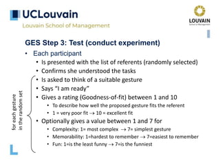 GES Step 3: Test (conduct experiment)
• Each participant
• Is presented with the list of referents (randomly selected)
• Confirms she understood the tasks
• Is asked to think of a suitable gesture
• Says “I am ready”
• Gives a rating (Goodness-of-fit) between 1 and 10
• To describe how well the proposed gesture fits the referent
• 1 = very poor fit  10 = excellent fit
• Optionally gives a value between 1 and 7 for
• Complexity: 1= most complex  7= simplest gesture
• Memorability: 1=hardest to remember  7=easiest to remember
• Fun: 1=is the least funny  7=is the funniest
for
each
gesture
in
the
random
set
 