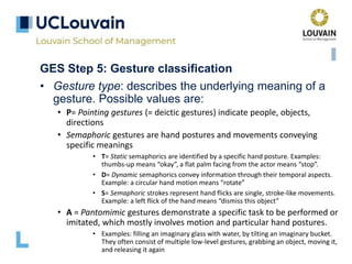 GES Step 5: Gesture classification
• Gesture type: describes the underlying meaning of a
gesture. Possible values are:
• P= Pointing gestures (= deictic gestures) indicate people, objects,
directions
• Semaphoric gestures are hand postures and movements conveying
specific meanings
• T= Static semaphorics are identified by a specific hand posture. Examples:
thumbs-up means “okay”, a flat palm facing from the actor means “stop”.
• D= Dynamic semaphorics convey information through their temporal aspects.
Example: a circular hand motion means “rotate”
• S= Semaphoric strokes represent hand flicks are single, stroke-like movements.
Example: a left flick of the hand means “dismiss this object”
• A = Pantomimic gestures demonstrate a specific task to be performed or
imitated, which mostly involves motion and particular hand postures.
• Examples: filling an imaginary glass with water, by tilting an imaginary bucket.
They often consist of multiple low-level gestures, grabbing an object, moving it,
and releasing it again
 