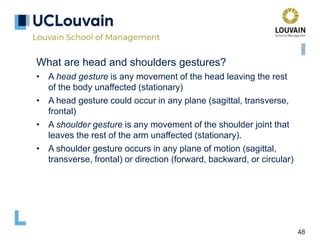 48
What are head and shoulders gestures?
• A head gesture is any movement of the head leaving the rest
of the body unaffected (stationary)
• A head gesture could occur in any plane (sagittal, transverse,
frontal)
• A shoulder gesture is any movement of the shoulder joint that
leaves the rest of the arm unaffected (stationary).
• A shoulder gesture occurs in any plane of motion (sagittal,
transverse, frontal) or direction (forward, backward, or circular)
 