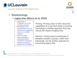 • Shortcomings
• Legacy bias (Morris et al, 2010)
Source: M. Morris et al., Reducing Legacy Bias in Gesture Elicitation Studies, 2010
https://interactions.acm.org/archive/view/may-june-2014/reducing-legacy-bias-in-gesture-elicitation-studies
Priming. Priming users to think about the
capabilities of a new form factor or sensing
technology is another approach that may
reduce the impact of legacy bias
Partners. Inviting users to participate in
elicitation studies in groups, rather than
individually, can be another approach to
overcoming legacy bias
 