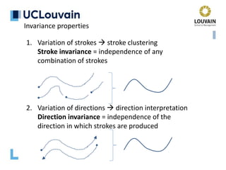 Invariance properties
1. Variation of strokes  stroke clustering
Stroke invariance = independence of any
combination of strokes
2. Variation of directions  direction interpretation
Direction invariance = independence of the
direction in which strokes are produced
 