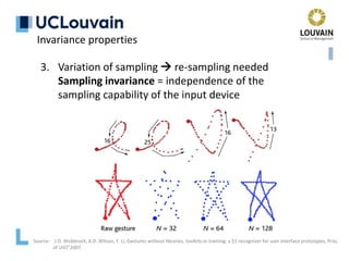 Invariance properties
3. Variation of sampling  re-sampling needed
Sampling invariance = independence of the
sampling capability of the input device
Source: J.O. Wobbrock, A.D. Wilson, Y. Li, Gestures without libraries, toolkits or training: a $1 recognizer for user interface prototypes, Proc.
of UIST’2007.
 