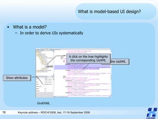 What is model-based UI design? What is a model? In order to derive UIs systematically Edit the UsiXML Show attributes A click on the tree highlights the corresponding UsiXML GrafiXML 