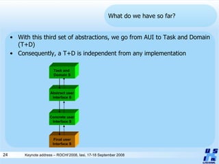 What do we have so far? With this third set of abstractions, we go from AUI to Task and Domain (T+D) Consequently, a T+D is independent from any implementation Concrete user Interface S Final user Interface S Task and  Domain S Abstract user Interface S 