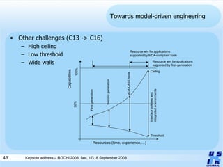 Towards model-driven engineering Other challenges (C13 -> C16) High ceiling Low threshold Wide walls Capabilities Resources (time, experience,…) 100% 50% Ceiling Threshold First generation Second generation MDA CASE tools Interface builders and integrated environments Resource win for applications supported by MDA-compliant tools Resource win for applications supported by first-generation 