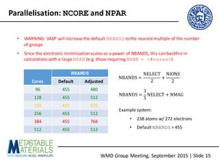 WMD	Group	Meeting,	September	2015	|	Slide	15
Parallelisation:	NCORE and	NPAR
• WARNING:	VASP	will	increase	the	default	NBANDS to	the	nearest	multiple	of	the	number	
of	groups
• Since	the	electronic	minimisation	scales	as	a	power	of	NBANDS, this	can	backfire	in	
calculations	with	a	large	NPAR (e.g.	those	requiring	NPAR = <#cores>)
Cores
NBANDS
Default Adjusted
96 455 480
128 455 512
192 455 576
256 455 512
384 455 768
512 455 512
NBANDS =
NELECT
2
+
NIONS
2
Example	system:
• 238	atoms	w/	272	electrons
• Default	NBANDS =	455
NBANDS =
3
5
NELECT + NMAG
 