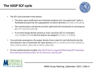 WMD	Group	Meeting,	September	2015	|	Slide	6
The	VASP	SCF	cycle
• The	SCF	cycle	proceeds	in	two	phases:
o The	plane-wave	coefficients	are	initialised	randomly	and	“pre-optimised”	within	a	
fixed	potential	given	by	the	superposition	of	atomic	densities	(INIWAV,	NELMDL)
o The	wavefunctions and	density	are	then	optimised	self-consistently	to	convergence	
(EDIFF,	NELMIN,	NELM)
o If	an	initial	charge	density	exists	(e.g.	from	a	previous	SCF	or	converged	
CHGCAR/WAVECAR),	the	first	step	can	be	skipped	(ISTART,	ICHARG)
• To	accelerate	convergence,	the	output	density	from	a	step	N is	not	fed	directly	into	the	
next	step	N+1,	but	is	mixed with	the	input	density	(IMIX,	INIMIX,	MIXPRE,	MAXMIX,	
AMIX,	AMIN,	AMIX_MAG,	BMIX,	BMIX_MAG,	WC)
• For	the	mathematically-minded:	http://th.fhi-berlin.mpg.de/th/Meetings/DFT-workshop-
Berlin2011/presentations/2011-07-14_Marsman_Martijn.pdf
 