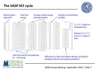 WMD	Group	Meeting,	September	2015	|	Slide	7
The	VASP	SCF	cycle
N E dE d eps ncg rms rms(c)
DAV: 1 0.425437171796E+04 0.42544E+04 -0.38613E+05 920 0.178E+03
DAV: 2 -0.114846409831E+04 -0.54028E+04 -0.51653E+04 1130 0.323E+02
DAV: 3 -0.169662738043E+04 -0.54816E+03 -0.53994E+03 1130 0.100E+02
DAV: 4 -0.171494085624E+04 -0.18313E+02 -0.18206E+02 1160 0.198E+01
DAV: 5 -0.171553585547E+04 -0.59500E+00 -0.59387E+00 1220 0.331E+00 0.706E+01
RMM: 6 -0.159733114612E+04 0.11820E+03 -0.21124E+02 920 0.147E+01 0.352E+01
RMM: 7 -0.157358217358E+04 0.23749E+02 -0.82778E+01 920 0.937E+00 0.173E+01
RMM: 8 -0.157195752202E+04 0.16247E+01 -0.10028E+01 922 0.344E+00 0.736E+00
RMM: 9 -0.157170732229E+04 0.25020E+00 -0.24051E+00 920 0.173E+00 0.186E+00
RMM: 10 -0.157170709721E+04 0.22508E-03 -0.17654E-01 932 0.561E-01 0.965E-01
RMM: 11 -0.157173130475E+04 -0.24208E-01 -0.10240E-01 920 0.332E-01 0.466E-01
RMM: 12 -0.157174953342E+04 -0.18229E-01 -0.23004E-02 920 0.198E-01 0.213E-01
RMM: 13 -0.157175624413E+04 -0.67107E-02 -0.12470E-02 920 0.134E-01 0.938E-02
RMM: 14 -0.157175705572E+04 -0.81159E-03 -0.49641E-03 922 0.781E-02 0.577E-02
RMM: 15 -0.157175711576E+04 -0.60039E-04 -0.62130E-04 922 0.302E-02 0.211E-02
RMM: 16 -0.157175714692E+04 -0.31162E-04 -0.18825E-04 932 0.152E-02 0.146E-02
RMM: 17 -0.157175715237E+04 -0.54516E-05 -0.37827E-05 935 0.701E-03 0.564E-03
RMM: 18 -0.157175715526E+04 -0.28845E-05 -0.88070E-06 824 0.340E-03 0.361E-03
RMM: 19 -0.157175715551E+04 -0.24851E-06 -0.27408E-06 657 0.209E-03
1 F= -.15717572E+04 E0= -.15717572E+04 d E =-.291254-147
Between	NELMIN
and	NELM steps	in	
total
NELMDL steps	in	a	
fixed	potential
Minimisation
algorithm
Total	free
energy
Change	in	total	energy
and	eigenvalues
Number	of	evaluations
of	𝐻"#𝛹⟩
Difference	in	input	and	output	density;	oscillations
probably	indicate	convergence	problems
Total	free	and	zero-broadening
(𝜎 → 0)	energy
 