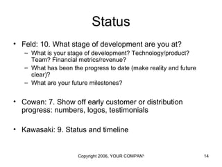 Status
• Feld: 10. What stage of development are you at?
   – What is your stage of development? Technology/product?
     Team? Financial metrics/revenue?
   – What has been the progress to date (make reality and future
     clear)?
   – What are your future milestones?


• Cowan: 7. Show off early customer or distribution
  progress: numbers, logos, testimonials

• Kawasaki: 9. Status and timeline


                      Copyright 2006, YOUR COMPANY NAME HERE       14
 