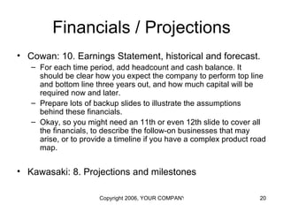 Financials / Projections
• Cowan: 10. Earnings Statement, historical and forecast.
   – For each time period, add headcount and cash balance. It
     should be clear how you expect the company to perform top line
     and bottom line three years out, and how much capital will be
     required now and later.
   – Prepare lots of backup slides to illustrate the assumptions
     behind these financials.
   – Okay, so you might need an 11th or even 12th slide to cover all
     the financials, to describe the follow-on businesses that may
     arise, or to provide a timeline if you have a complex product road
     map.


• Kawasaki: 8. Projections and milestones

                      Copyright 2006, YOUR COMPANY NAME HERE         20
 