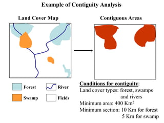 Forest
Swamp
River
Fields
Example of Contiguity Analysis
Land Cover Map Contiguous Areas
Conditions for contiguity:
Land cover types: forest, swamps
and rivers
Minimum area: 400 Km2
Minimum section: 10 Km for forest
5 Km for swamp
 